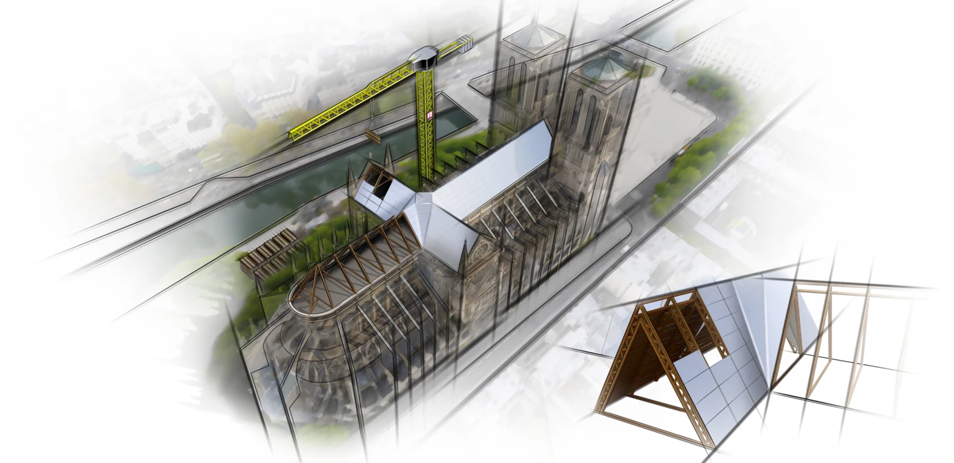 Gut bedacht: Mit vorgefertigten Fachwerk- und Holz-Rippenelementen kann Rhomberg Bau die Kathedrale Notre-Dame de Paris innert kürzester Zeit mit einem neuen Dach ausstatten. (Quelle: Dominic Schindler Creations/Rhomberg Bau, Abdruck honorarfrei) Gut bedacht: Mit vorgefertigten Fachwerk- und Holz-Rippenelementen kann Rhomberg Bau die Kathedrale Notre-Dame de Paris innert kürzester Zeit mit einem neuen Dach ausstatten. (Quelle: Dominic Schindler Creations/Rhomberg Bau, Abdruck honorarfrei)